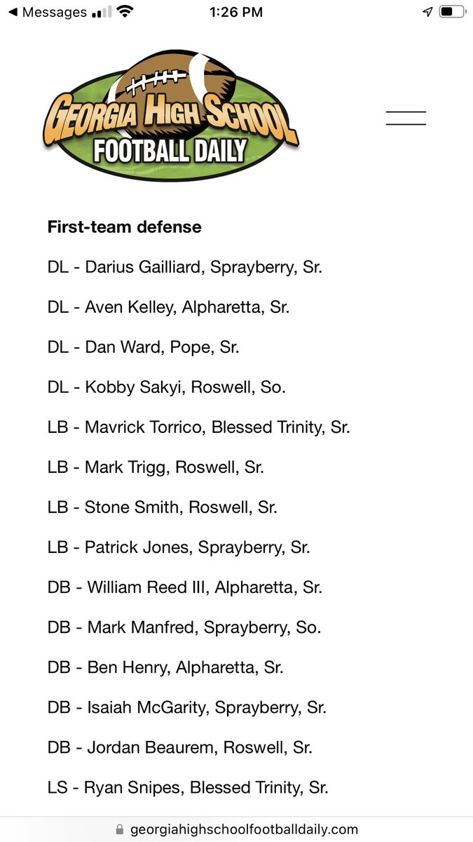 So Honored And Thankful To Be Part Of The 6A, Region 7, First Team Defense. <a href="/GHSFdaily/">GHSF Daily</a> <a href="/OfficialGHSA/">GHSA</a> <a href="/goddard_chuck/">Chuck Goddard, Blessed Trinity Catholic School</a> <a href="/coachtmhall/">Thomas Hall</a> <a href="/CoachTBarr/">#BESTAVAILABLE</a> <a href="/FTRreport/">Fast Track Recruits</a>