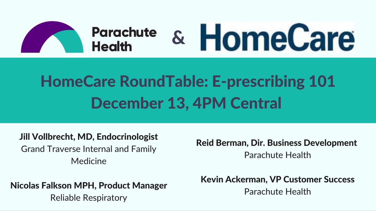 Parachute Health (@parachutehealth) on Twitter photo Want to learn the basics of #medicalequipment & #medicalsupplies ePrescribing? Unsure what all the buzz is about?
Join the <a href="/HomeCareMag/">HomeCare Magazine</a> & <a href="/ParachuteHealth/">Parachute Health</a> ePrescribing 101 Roundtable TODAY at 4PM Central Time!
lnkd.in/e7JJhE3M Want to learn the basics of #medicalequipment & #medicalsupplies ePrescribing? Unsure what all the buzz is about?
Join the <a href="/HomeCareMag/">HomeCare Magazine</a> & <a href="/ParachuteHealth/">Parachute Health</a> ePrescribing 101 Roundtable TODAY at 4PM Central Time!
lnkd.in/e7JJhE3M