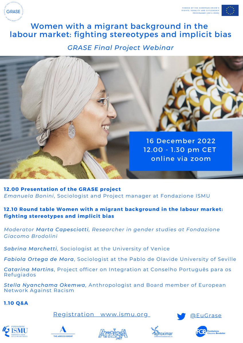 Te invitamos al próximo y último seminario web (en inglés) del Proyecto GRASE, titulado "Mujeres de origen migrante en el mercado laboral: luchando contra los estereotipos y los sesgos implícitos", el 16 de diciembre de 12:00h a 13:30h. 
Regístrate aquí: shorturl.at/tyR38