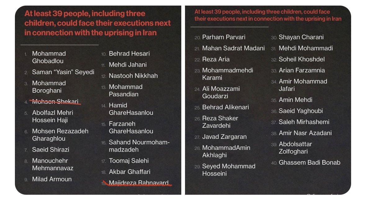 PoliticayModa's tweet photo. Lista condendados a muerte inminente en Irán. Ayer el régimen ahorcó públicamente a joven de 23 años por participar en las protestas para intimidar población.Dónde diablos está demuncia/presión comunidad internacional?!#StopExecutionInIran #MashaAmini #WomanLifeFreedomRevolution https://t.co/ROX8JBIenI