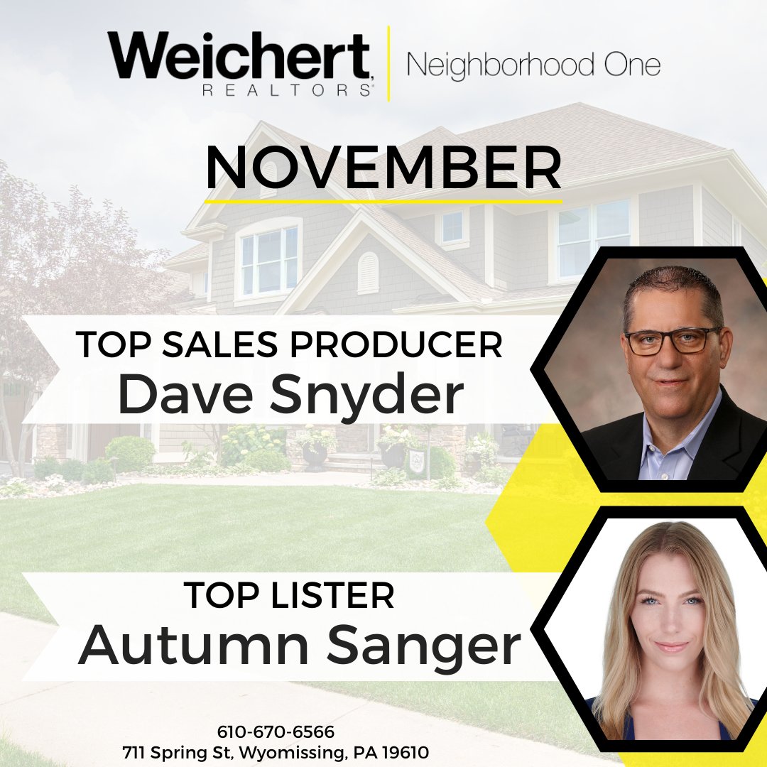 NeighborhoodOne's tweet photo. 🏆NOVEMBER'S AWARD WINNERS ARE...🏆

Top Sales Producer: Dave Snyder

Top Lister: Autumn Sanger

Weichert, Realtors Neighborhood One
610-670-6566
711 Spring St, Wyomissing, PA 19610
https://t.co/XnZ74wYma1 https://t.co/MLd7jvgx7j