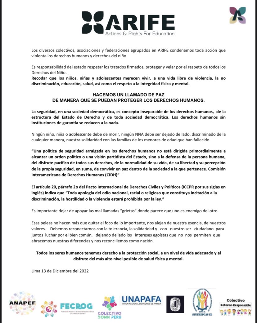 cretalle's tweet photo. UN LLAMADO POR LA PAZ @FecrogOficial @Gissely79 @AleRedBird @retorno__seguro @AdcumPeru @MiriamS14576699 @antonio_bendezu @GonzaloGuzmanS @TakeActionOnHR @RomeliaParedes @247gamarra @CIDH @UNHumanright @Almagro_OEA2015 @ONU_derechos 
#PeruResiste #PeruSOS #PeruDDHH https://t.co/Ntev0EAek8