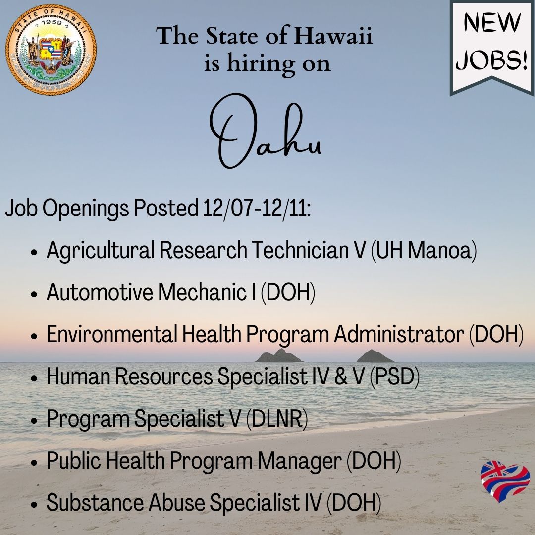 The State of Hawaii is #hiring on #Oahu. Please visit governmentjobs.com/careers/hawaii for more information. @HawaiiDOH @HawaiiPSD @dlnr @uhmanoa 

#hawaiiishiring #stateofhawaii #statejobs #oahujobs #jobopenings #recruitment #civilservice #publicservice