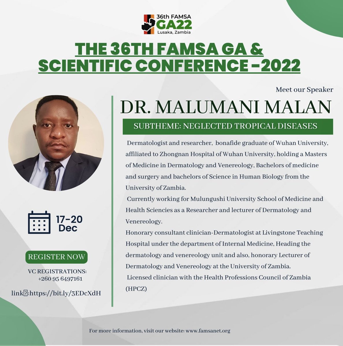 famsaga2022's tweet photo. Interact with the Skin Doktar and other aspirational medical professionals from December 17-20th, 2022 at the 36th FAMSA General Assembly and Scientific Conference in Lusaka, Zambia! 

You do not want to be left out. Go to https://t.co/DNLHRYUlcx and secure your spot today! https://t.co/ydTADQRJ0X