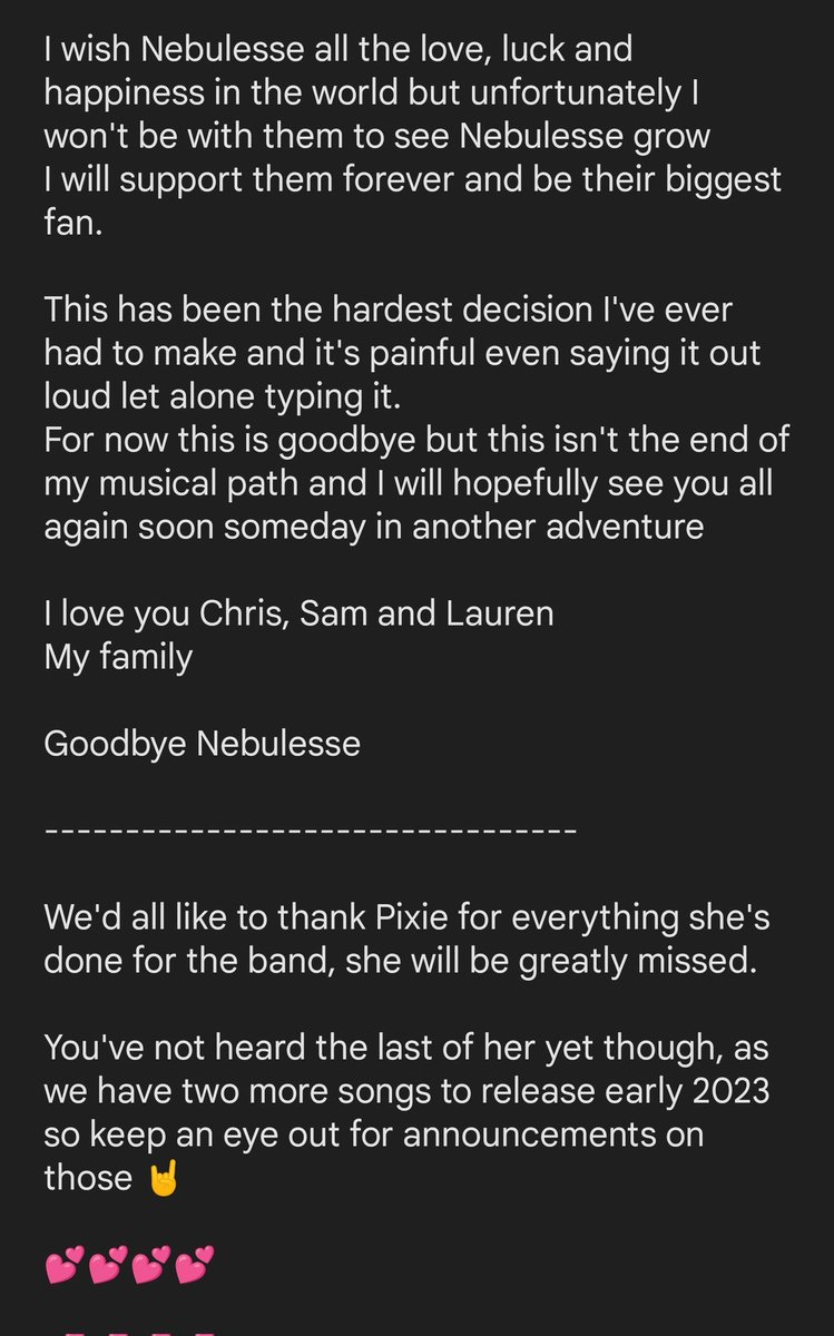 💕IMPORTANT ANNOUNCEMENT💕

It’s with a heavy heart we announce our wonderful vocalist Pixie has decided to leave Nebulesse. 

More below: