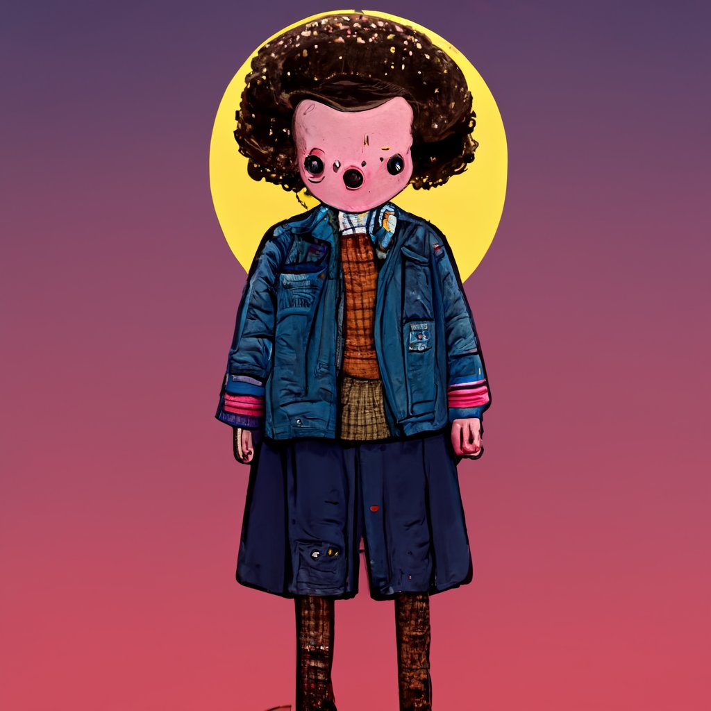 AutoLifehacker's tweet image. We love a streamlined face. It&apos;s nice having the eyes and mouth all close together like a family 😃

Prompt: &quot;Eleven from Stranger Things in the style of Adventure Time&quot; #StrangerThings #AdventureTime #MidJourney #AI #AIArt #GenerativeArt