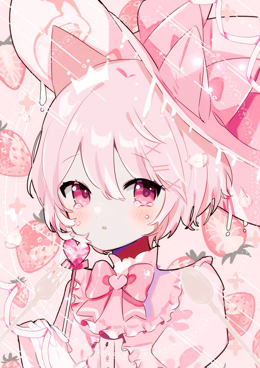 pink theme food hat pink eyes strawberry pink hair solo  illustration images