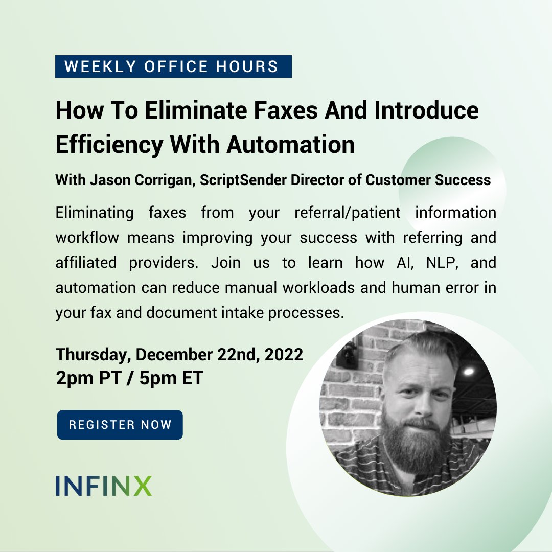 Faxes delay scheduling, cause lost referrals, and increase staff and patient dissatisfaction. You can address these costly inefficiencies by bringing AI and NLP to the table. Join us Thursday at 2 PM PT for #InfinxOfficeHours to learn more. Sign up here: hubs.li/Q01vMyYG0