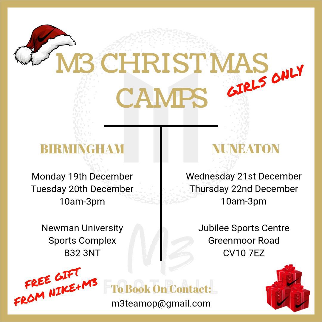 villalouavfc's tweet photo. 🎄Christmas Football camp 🎄

@MazPacheco founder of @M3FootballC ⚽️

Has your daughter ever been to one of Maz’s camps? 
What are you waiting for?🔥

Birmingham &amp; Nuneaton camps - if you book on both days receive a Christmas gift from Nike &amp; M3 🥰 
#WSL #NIKE #GIRLSONLY #CAMP https://t.co/St6MzcNJ5l