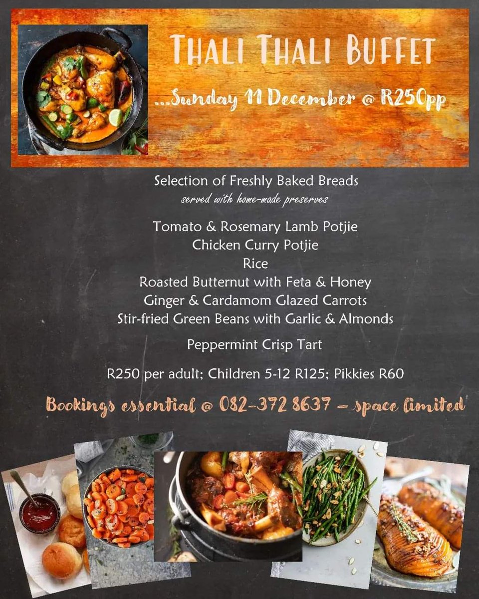 Our buffet menu for this Sunday 11 December... phone now to reserve a spot at the feast.
082-372 8637 is the magic number ☎️

#sundaybuffet 
#wildfood 
#farmrestaurant