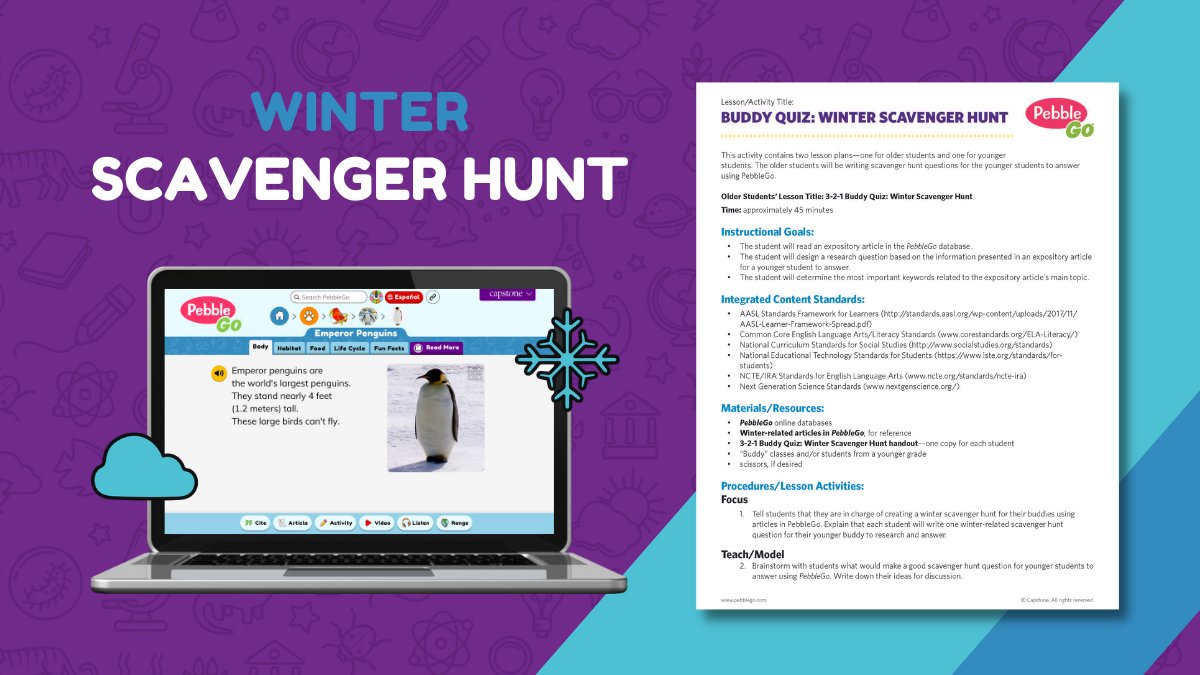 CapstonePub's tweet photo. The #PebbleGo Scavenger Hunt is available this winter as a fun activity for your students! This activity contains two lesson plansโone for older students and one for younger students! โ๏ธ โ https://t.co/8E8z2jTwFH
#TLChat #StudentActivities #ClassResources #ScavengerHunt https://t.co/Mng436hvIJ