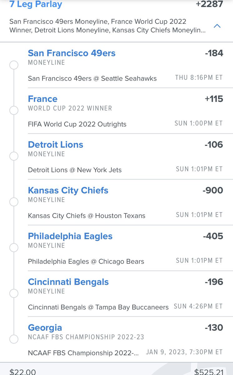 collincovers's tweet photo. 7 leg parlay @+2287 $22->$525.21

Book it.
#NFL #WorldCup2022 #NCAA #CFBPlayoff #GamblingTwitter #SportsBettor #Fanduel https://t.co/K2WWQJpnWw