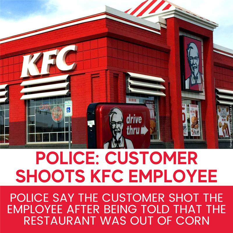 KMOV's tweet photo. A customer shot an employee at a KFC in the Central West End after he was told the restaurant was out of corn, according to St. Louis police.

Read the full story >> https://t.co/hsinMxoBty https://t.co/BAYHvnG5YI