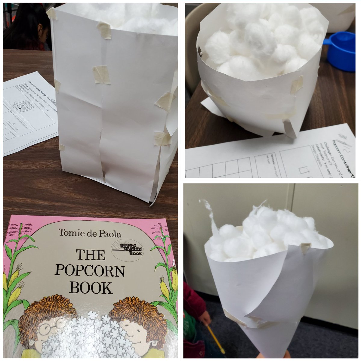 The Popcorn Book by Tomie de Paola inspired this popcorn container challenge! Here are just few! We love finding out which design holds the most popcorn! Then we finish it all by making a pictograph of the results! 🍿 #polentapumas #JoCoSTEM #popcorncontainerchallenge