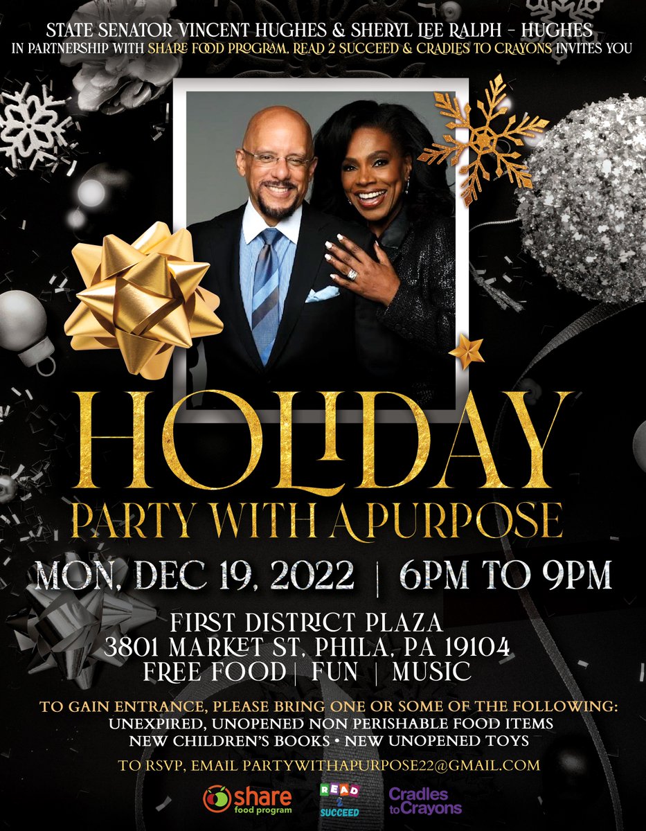 YSIPHILLY's tweet photo. Come Party With a Purpose Monday, December 19th at the First District Plaza, 3801 Market St., Phila.  for free food, fun and music from 6pm - 9pm. 
RSVP via email to PartywithaPurpose22@gmail.com. 
Entry is  new Children's toys, books or non-perishable food. https://t.co/4vbW0DlIxy