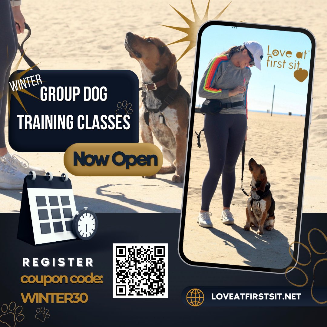 loveatfirstsit's tweet photo. Resolve to get ur pup some top notch training by siging up for our dog training classes starting Jan 14 &amp; Jan 15! Use coupon code WINTER30 to get a $30 off. To register, click the post QR code post, visit our linktree in our bio, or go to https://t.co/AlcjvTsYiF
 @smdailypress https://t.co/R5X4ssH0js