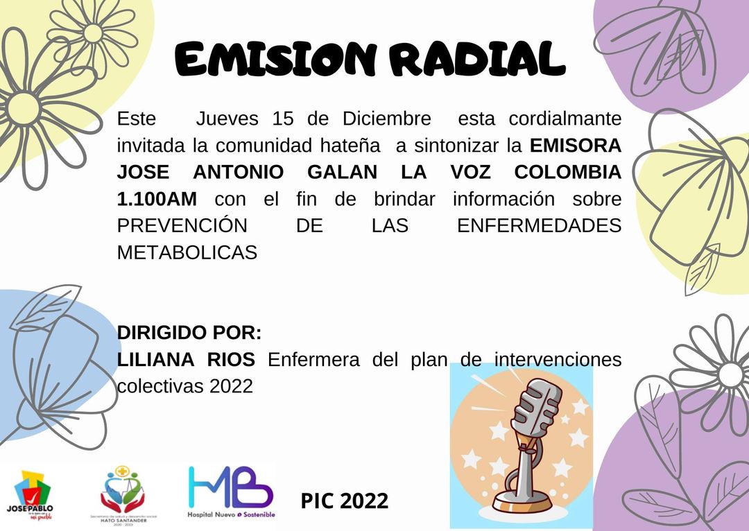 HatoSantanderOf's tweet photo. Este JUEVES 15 de DICIEMBRE, escuche la RADIO en 1100 am, la VOZ de COLOMBIA: PREVENCIÓN de las ENFERMEDADES METABÓLICAS. #SecretaríaDeSaludyDesarrollo. #PlanDeIntervencionesColectivas 2022. #ESEHospitalManuelaBeltrán-NODO HATO. #DeLaManoConMiPueblo_  #JoséPabloTolozaAlcalde. https://t.co/0m1wP9AepB