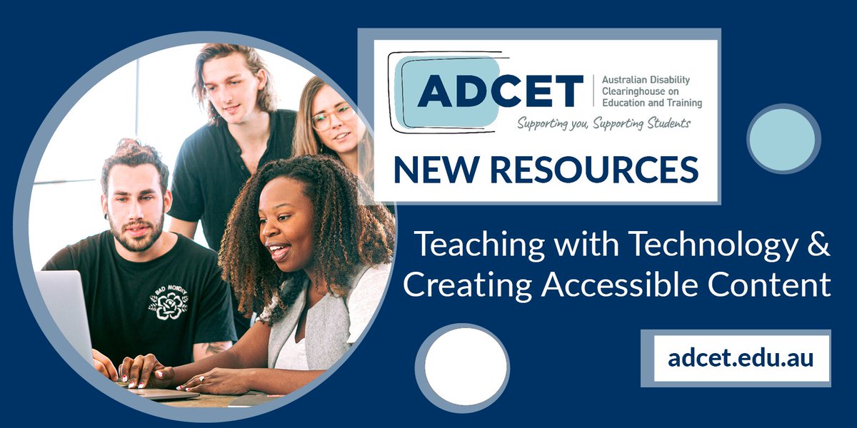 New ADCET resources: Teaching with Technology and Creating #AccessibleContent.

Focusing on practical solutions for staff, these guidelines are an invaluable resource for creating inclusive teaching materials.

ow.ly/a1Lv50M0zWW @LXatUTS @Deakin @UTAS_ @UTSEngage