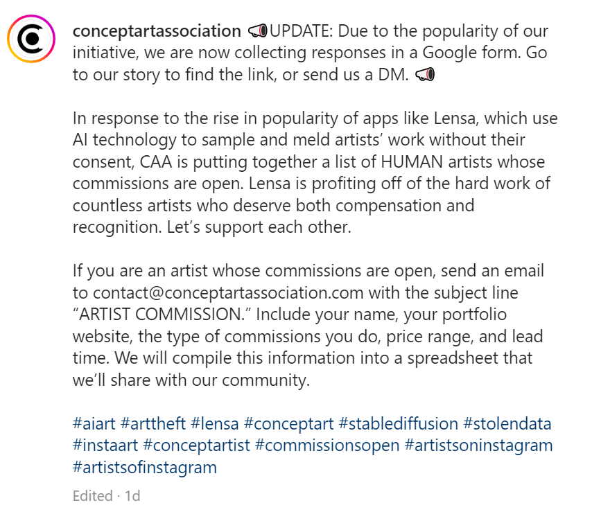 kortizart's tweet photo. Bravo to the Concept Art Association for advocacy of artists! If you are an artist upset with unethical AI practices, consider sending the Concept Art Association your portfolio, commissions, prices and times! They'll be compiling the info and sharing it with our community! https://t.co/7Mj2lBGLVL