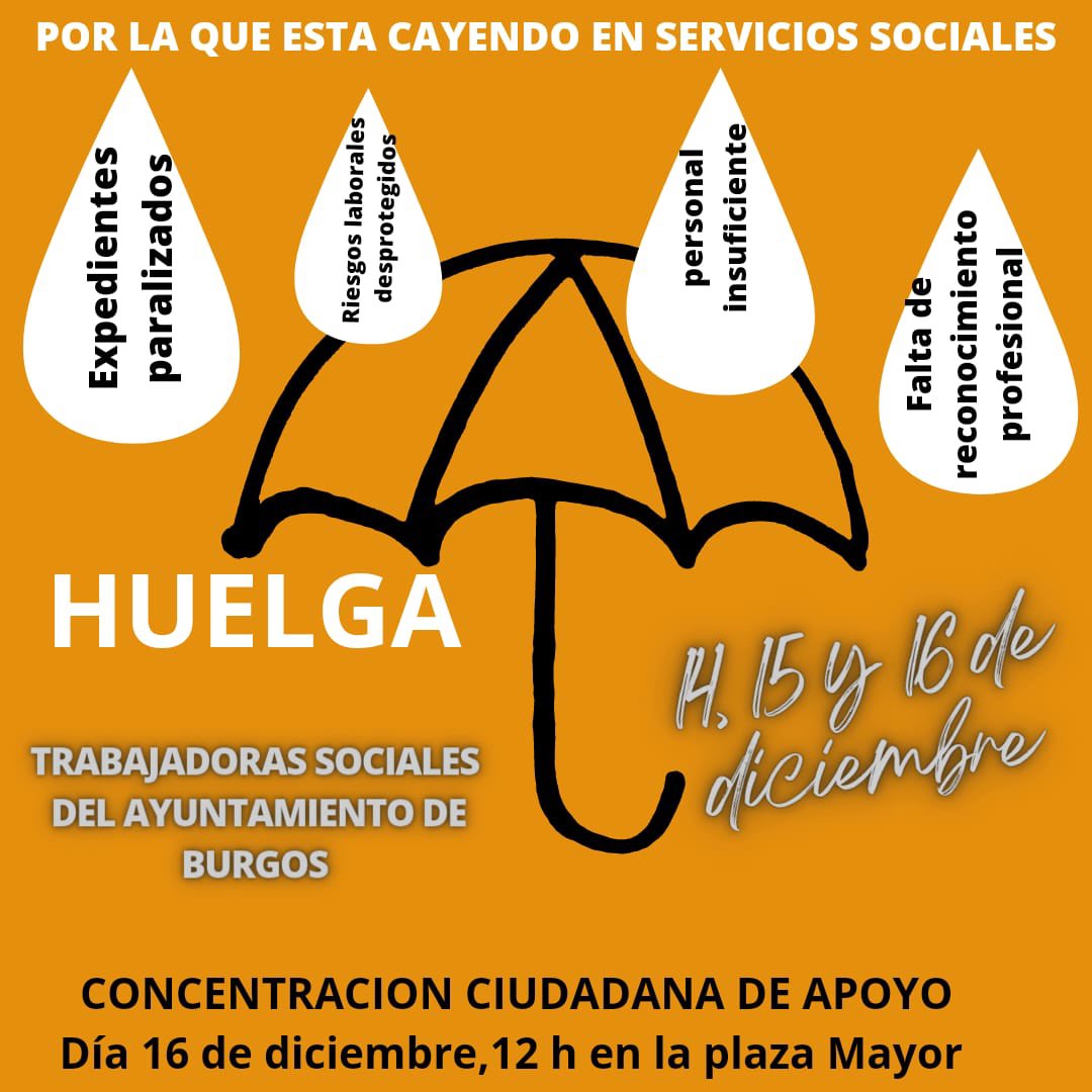 Desde el <a href="/TrabSocialCyL/">TrabajoSocialCyL</a> queremos manifestar nuestro apoyo a la Huelga convocada por las Trabajadoras Sociales del Ayto de Burgos del movimiento <a href="/Ya_TsocialesBu/">Reconocimiento Ya Tsociales Burgos</a> 
¡Estamos con y junto a vosotras! La profesión se levanta por los Derechos Sociales y el cuidado de los profesionales.