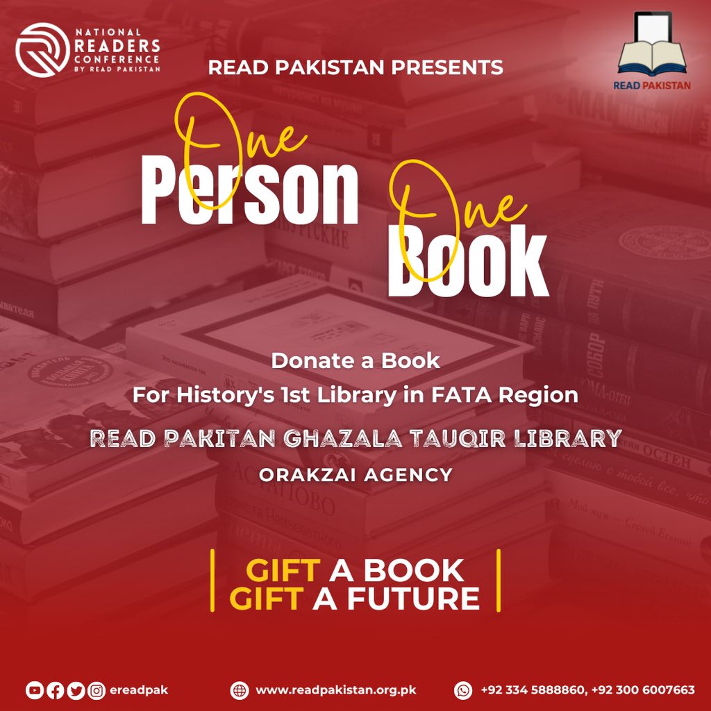 ereadpak's tweet photo. Read Pakistan presents "One Person, One Book". To all the attendees of NRC'22, we encourage you all to bring one book along. We'll be donating them for History's First Library in FATA Region i.e. Read  Pakistan Ghazala Tauqir Library.
#nationalreadersconference2022 #nrc #nrc2022 https://t.co/eJ6B8W5L6P