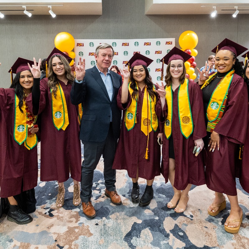 asuonline's tweet photo. Monday's @Starbucks Partner and Family Open Forum was full of coffee, family, and amazing stories of perseverance! We enjoyed celebrating with these resilient graduating @starbucksprtnrs. Way to go #SunDevils! π #ASUgrad #ToBeInCollege