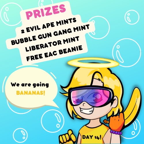 BubbleGunGang's tweet photo. 🎉24 DAYS Mega #GIVEAWAYS
DAY 14 !  🫧🔫

🍌Follow:
@BubbleGunGang
@FUC_nft
@MadHoneyBears
@PsychoNautAnon
@EvilApeClub_NFT
@ShibuSocietyNFT
@LiberateNFT
@gremgoyles
❤️ RT &amp; Tag 3 Frens

WINNERS ANNOUNCED 12/14/22 11pm Est 🙌🏼🎁🎄 https://t.co/AOioaSlzZr