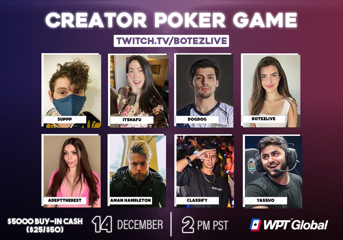 HOSTING ANOTHER CREATOR POKER GAME!! TUNE IN TOMORROW AT 2 PM PT. @Yassuo @adeptthebest @itshafu @dogdog @5uppps @amanhambleton @Class Production at @WPT’s sick new studio