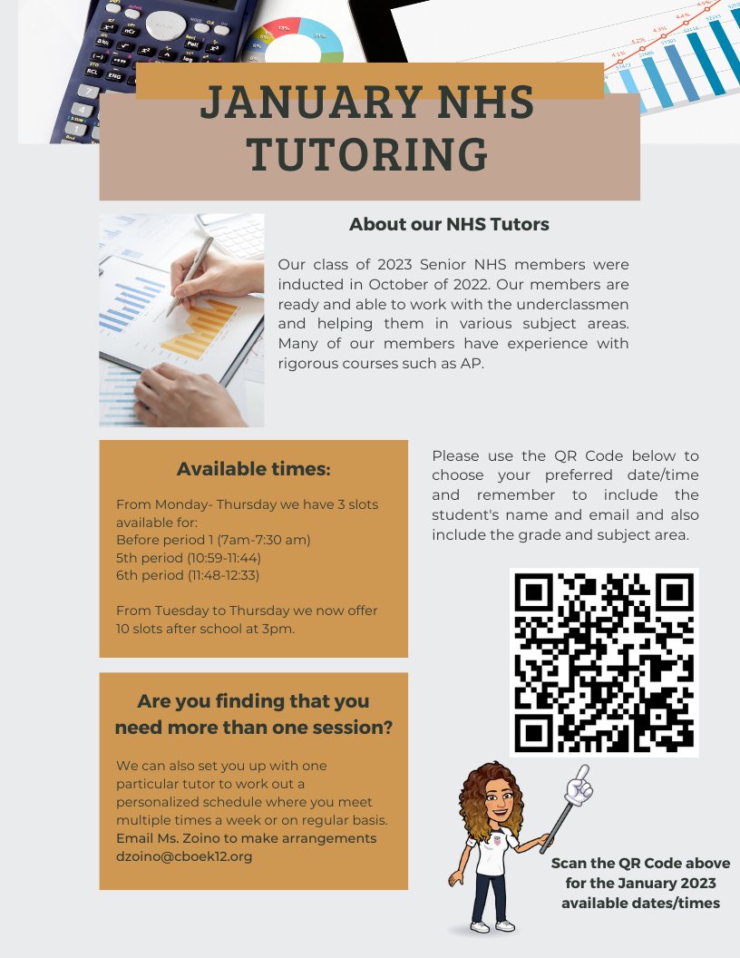 Struggling in your classes? Need some help with homework or preparing for a quiz? Set up a tutoring session with an NHS member! We are now offering 10 open spots for students to come in after school. Don't wait!!!