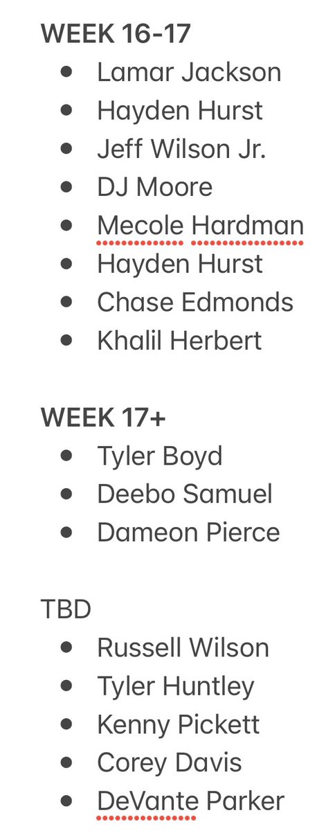 FBInjuryDoc's tweet photo. Fantasy football playoffs are here! An early week estimation of returns from injury. RT to spread awareness. Or at least subscribe to my podcast if I played a role in your playoff berth. Or just scroll whatever https://t.co/TKptV7nTsG