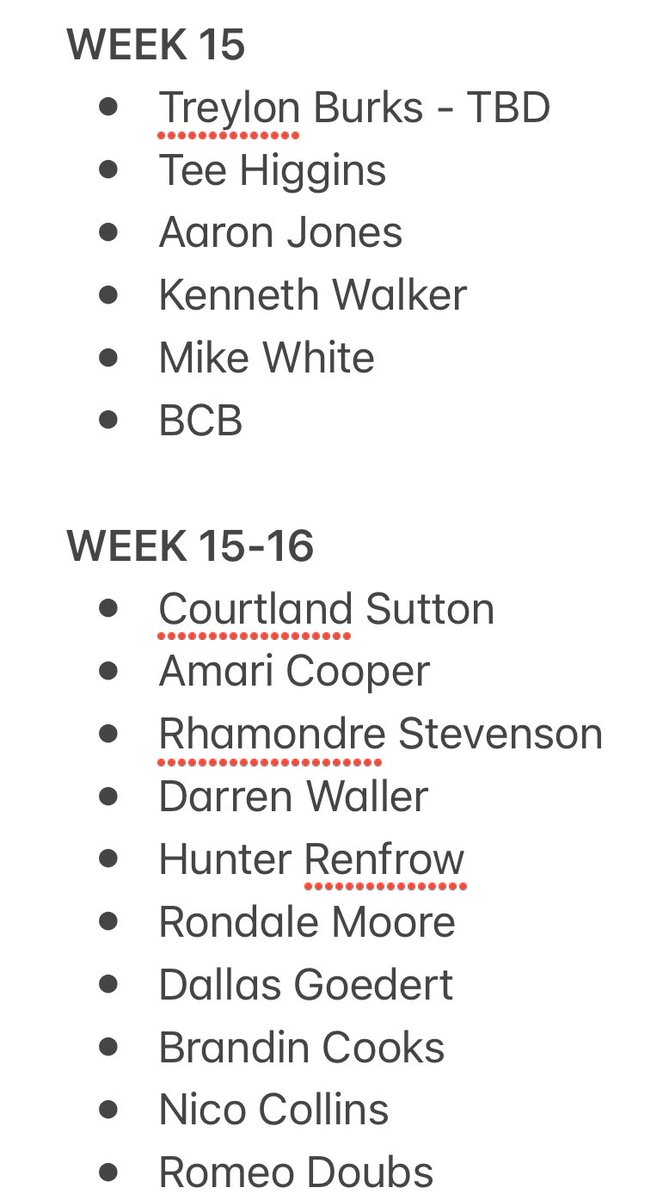 FBInjuryDoc's tweet photo. Fantasy football playoffs are here! An early week estimation of returns from injury. RT to spread awareness. Or at least subscribe to my podcast if I played a role in your playoff berth. Or just scroll whatever https://t.co/TKptV7nTsG