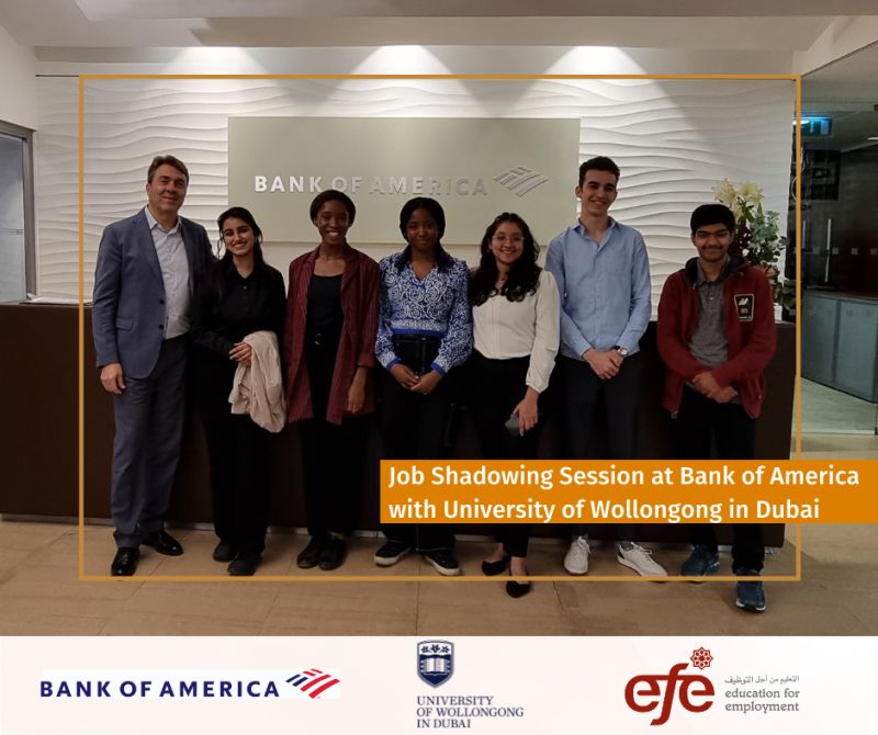 Students from Wollongong University in Dubai visited <a href="/BofA/">Bank of America</a>  offices to participate in a job shadowing session. This initiative was led by EFE and gave students the opportunity to meet BofA volunteers, and learn about their job roles and the different lines of business.#BofA