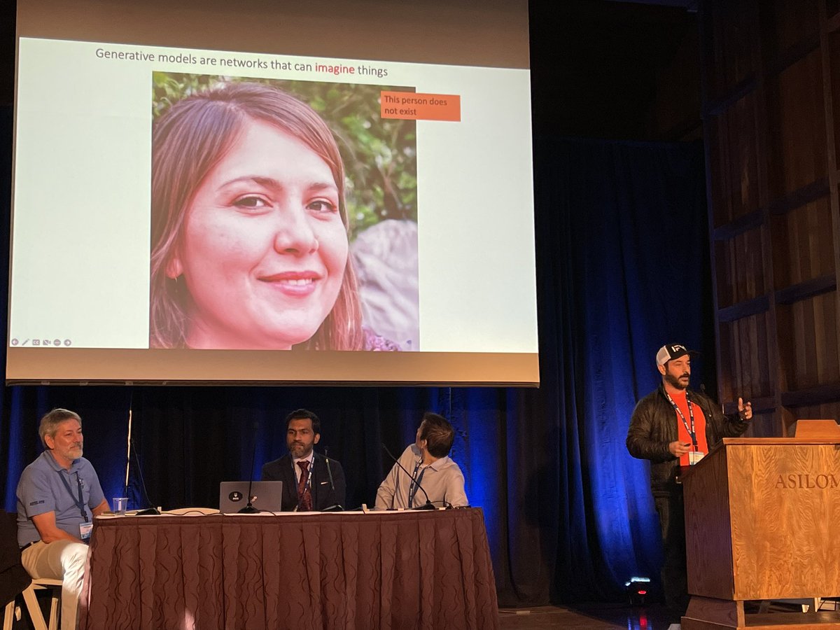 MLFoundations's tweet photo. @AlexGDimakis trendsetting at #SAIL and talking #ML for inverse problems with @NSF @AIVOInfo @DARPA. #besthat #generative #imaging #AI https://t.co/jBCdPwRbDO