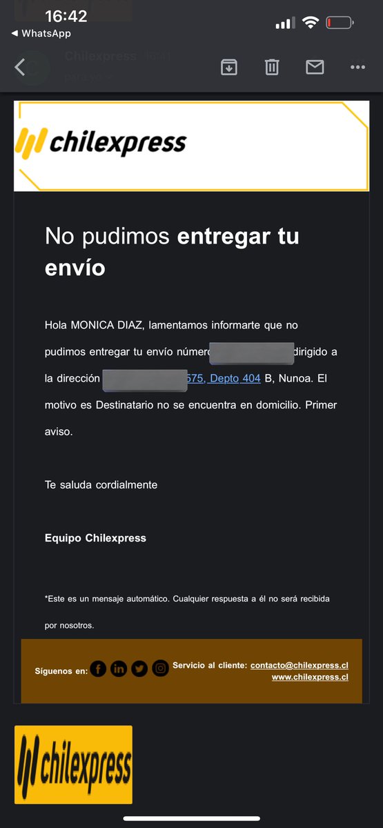 munichdiazg's tweet photo. @ChilexpressHelp otra vez uds. Primero envío con inconvenientes ahora me dicen que no estaba en mi domicilio y paso el dia entero en casa porque hago teletrabajo que les pasa? https://t.co/5eDm0GouAL