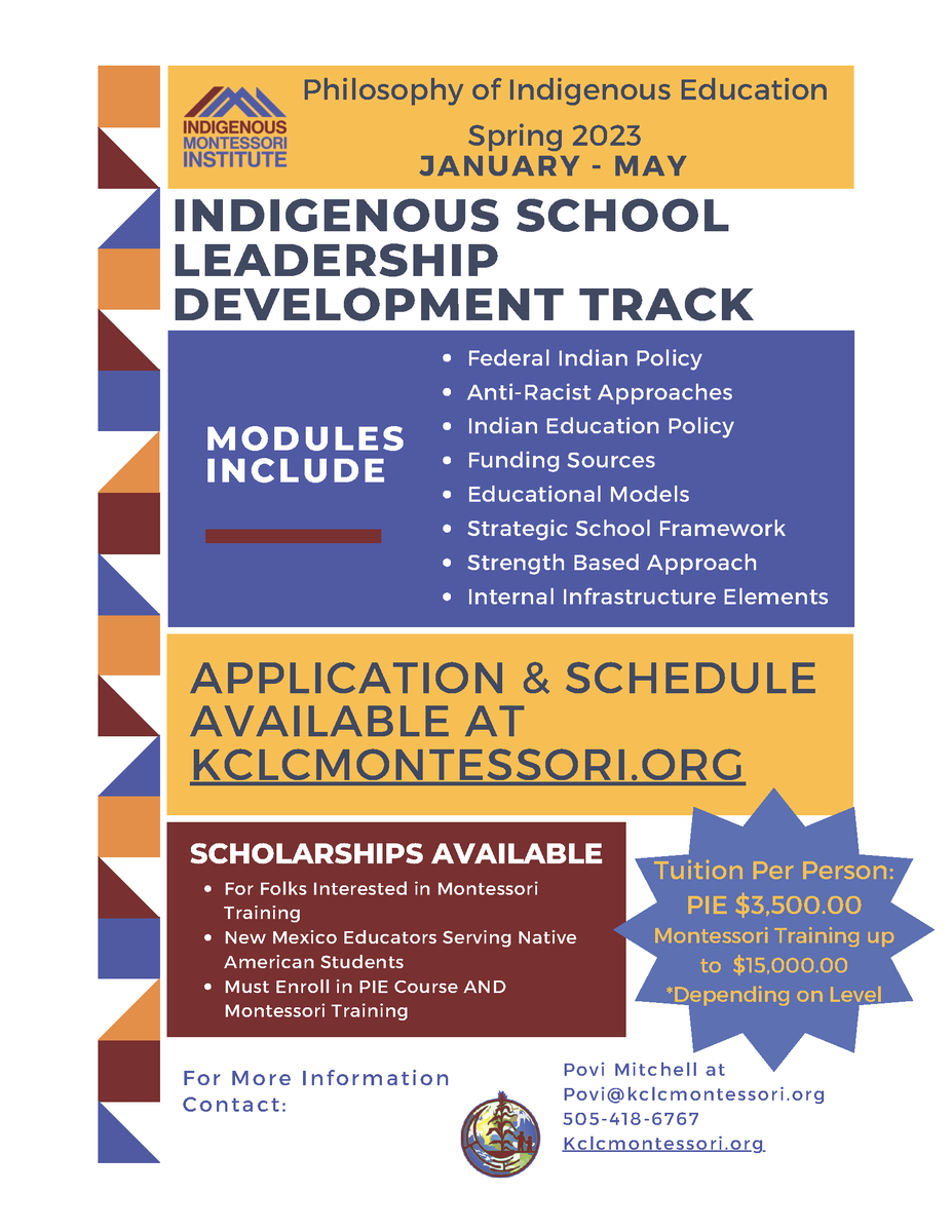 Loyola’s Center for Montessori Education is thrilled to share the Indigenous Montessori Institute’s newest offering, the Indigenous School Leadership Track. Please see attached flyer for more information! @KCLC6
