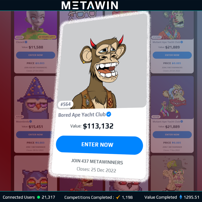 MetaWin's tweet photo. Don't sleep on this Meta Winners! 💤

Join 451 Entrants in the BAYC 564 Contest now at MetaWin.  https://t.co/YQa0I8g8bO

Closes and draws in real-time on Xmas day (less than 2 weeks) 🎅
