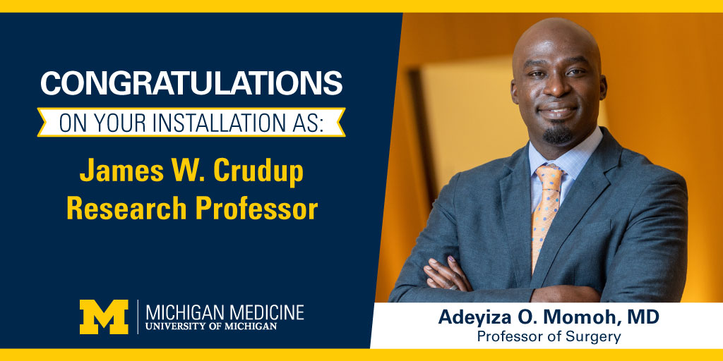 It's a great day to celebrate the installation of Dr. Adeyiza Momoh as the *first* James W. Crudup Research Professor! 

Crudup's self-taught skills made him one of the finest surgical teachers at U-M for 30 years. His legacy lives on through this professorship.