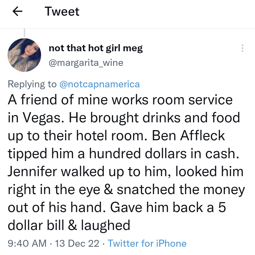 LasVegasLocally's tweet image. If @BenAffleck ever tips you, grab the cash and run before @JLo can steal it