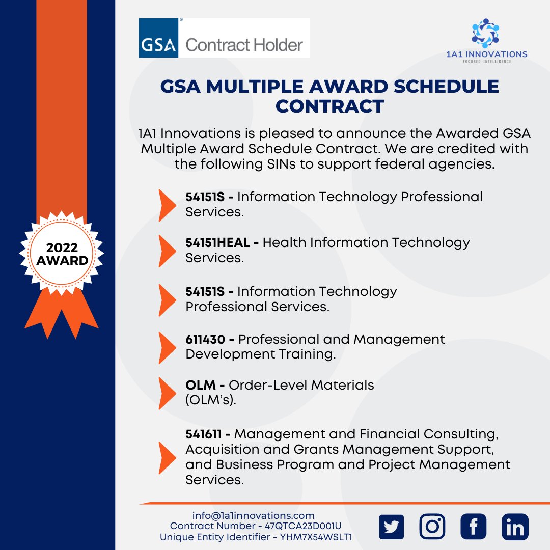 1A1_Innovations's tweet image. We are happy to announce our onboarding on the GSA Multiple Award Schedule (GSA MAS) contract vehicle!!

#1a1innovations  #gsacontractors #gsa #gsamas #digitaltransformation #informationtechnology #managementconsulting #sba #innovation #healthit #publicsector #commercial