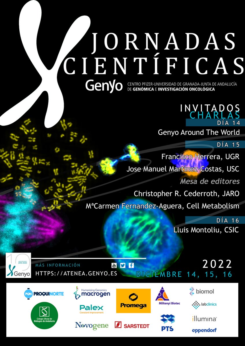 tweet_Javi's tweet photo. Not to forget that we weill enjoy over 40 sceintific posters and more than 20 dissertations on the ongoing research projects at @genyo_pts. And 2 round tables about Science Publishing and Scientific Careers of former #GENyO colleagues. You can get the gists from our 2022 flyer https://t.co/V0okwvVf4W
