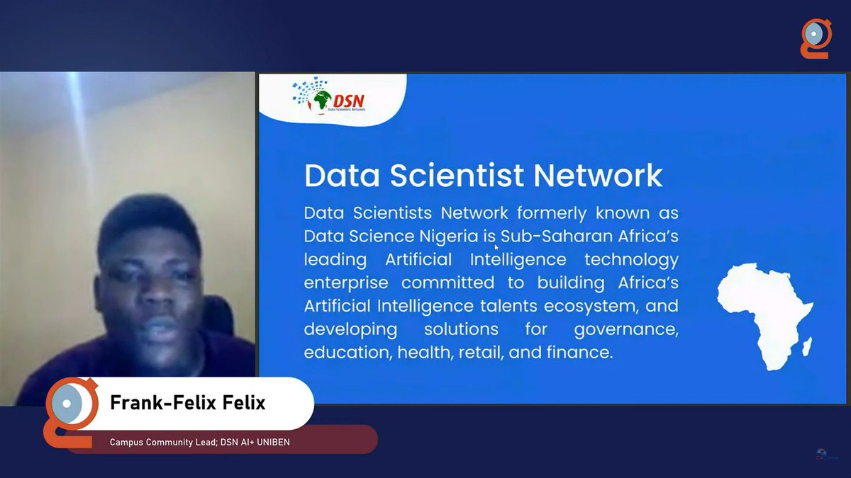 CsharpCorner's tweet photo. #GlobalAIStudentConference - @FrankFelixAI is live now and talking about Data Science and AI in Africa: The Impact of Communities.
Live streaming at https://t.co/6yzvY4phKh
@GlobAICommunity #GlobalAICommunity #Student #AI #Community #PowerPlatform #DataScience https://t.co/hWCmdulRup