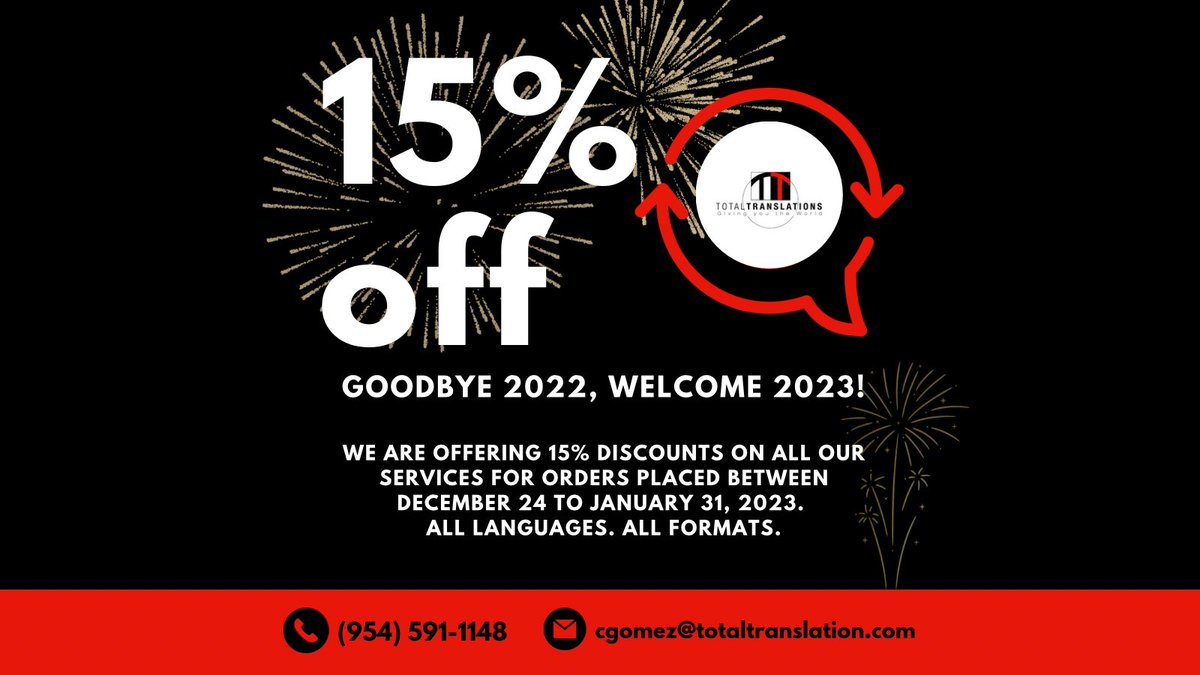 Totaltranslatio's tweet photo. Total Translation is happy to offer you 15% off all translation services! This is a limited time offer, please contact us today to get started! 

https://t.co/mBZNzf8HaK
📞 (954) 591-1148
📧cgomez@totaltranslation.com https://t.co/hkmmMcAzvL