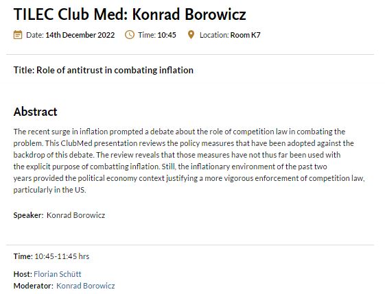 Today's #ClubMed is by dr. Konrad Borowicz (@mkborowicz, @REVEAL_TILEC of @TILEC1 & @TilburgU_TILT) on 'Role of antitrust in combating inflation'.

📜:tilburguniversity.edu/research/insti…   

#LawTwitter #ResearchHighlight #AcademicTwitter #AcademicChatter #Inflation #LawSchool
