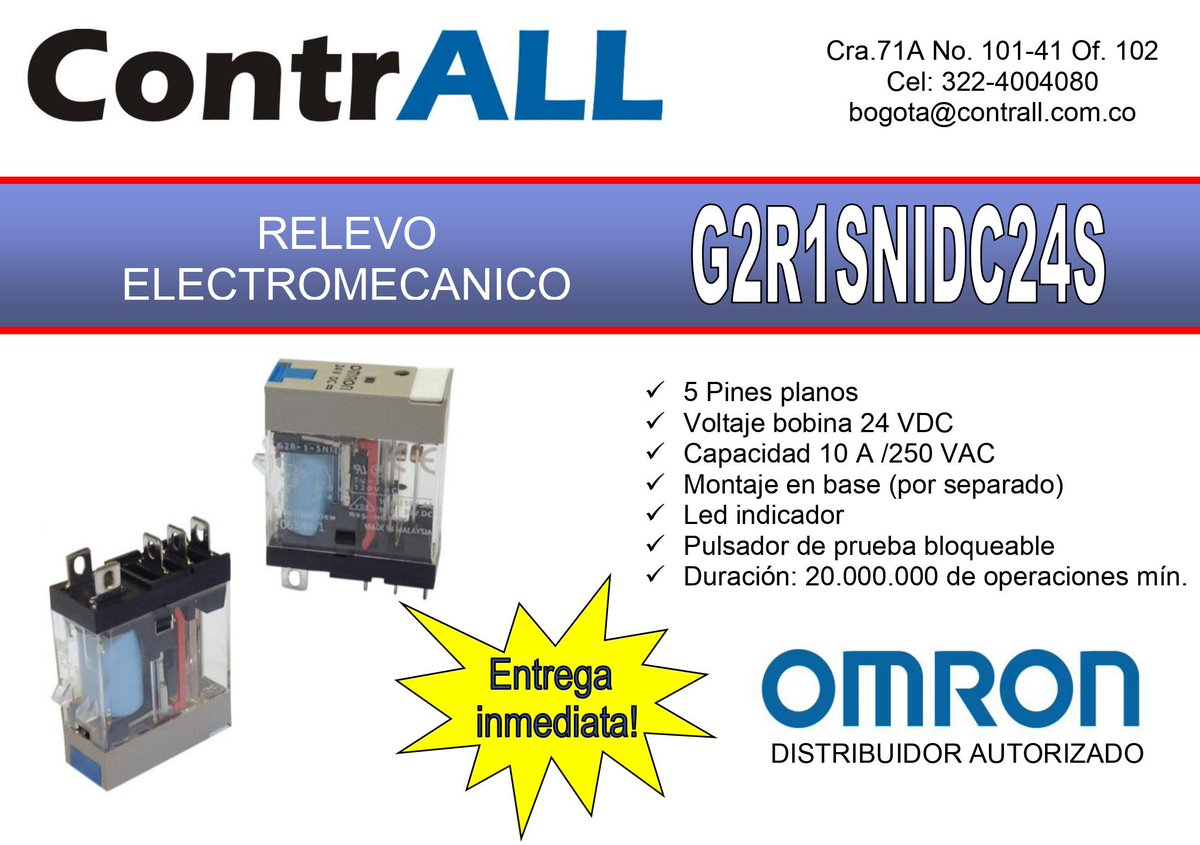 ContrALLsas's tweet photo. Relevo electromecánico. Marca OMRON. 5 pines, voltaje bobina 24 VDC. ENTREGA INMEDIATA. Contáctenos: bogota@contrall.com.co / Cel: 322-4004080 https://t.co/qS2FYvm0ek