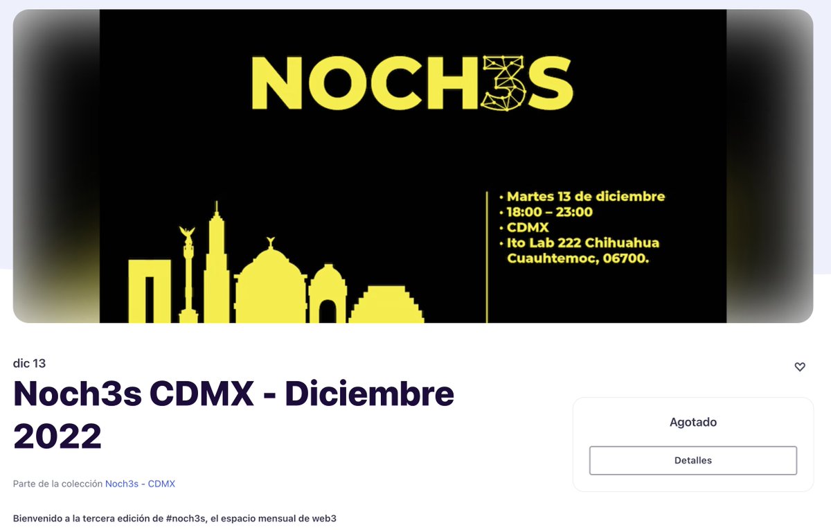 🚨 SOLD OUT🚨
🙌🙌

Se agotaron los boletos para la tercera edición de #Noch3s nos vemos a las 18.00 hrs en Ito Lab!

🚀🚀