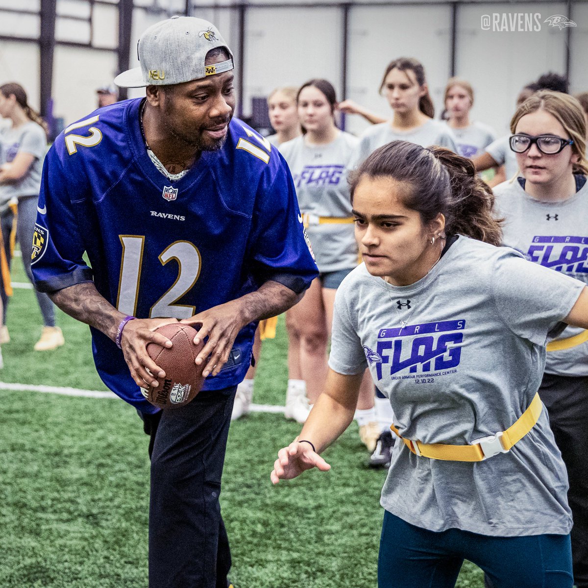 Ravens's tweet photo. We hosted more than 100 high school female athletes at our first-annual girls flag football clinic last week at the Under Armour Performance Center. #PlayFootball 💜 https://t.co/bWhvsE2dDT