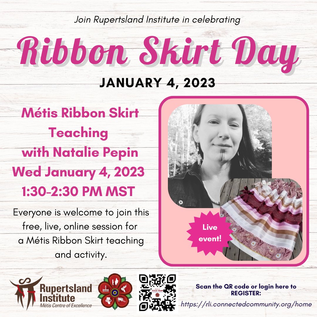 Celebrate Ribbon Skirt Day in with RLI and Métis Knowledge Holder Natalie Pepin. All are welcome to this Métis Ribbon Skirt teaching and activity as a free virtual field trip on Wed, Jan 4, 2023, 1:30-2:15 PM MST. Login to the RECC Room to register today: rli.connectedcommunity.org/home