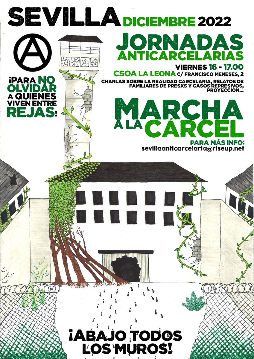 El CSOA La Leona acogerá este viernes las JORNADAS ANTICARCELARIAS, a las 17h en C/ Francisco Meneses, 2.

¡Que la llama siga prendida para no olvidar a lxs que viven encerradxs!
¡Abajo todos los muros!