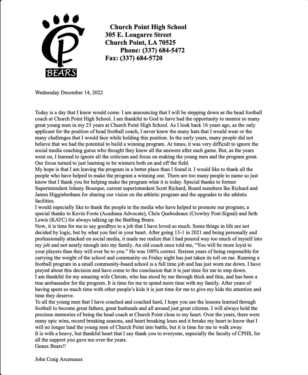 on Twitter "J.C. Arceneaux is stepping down as head