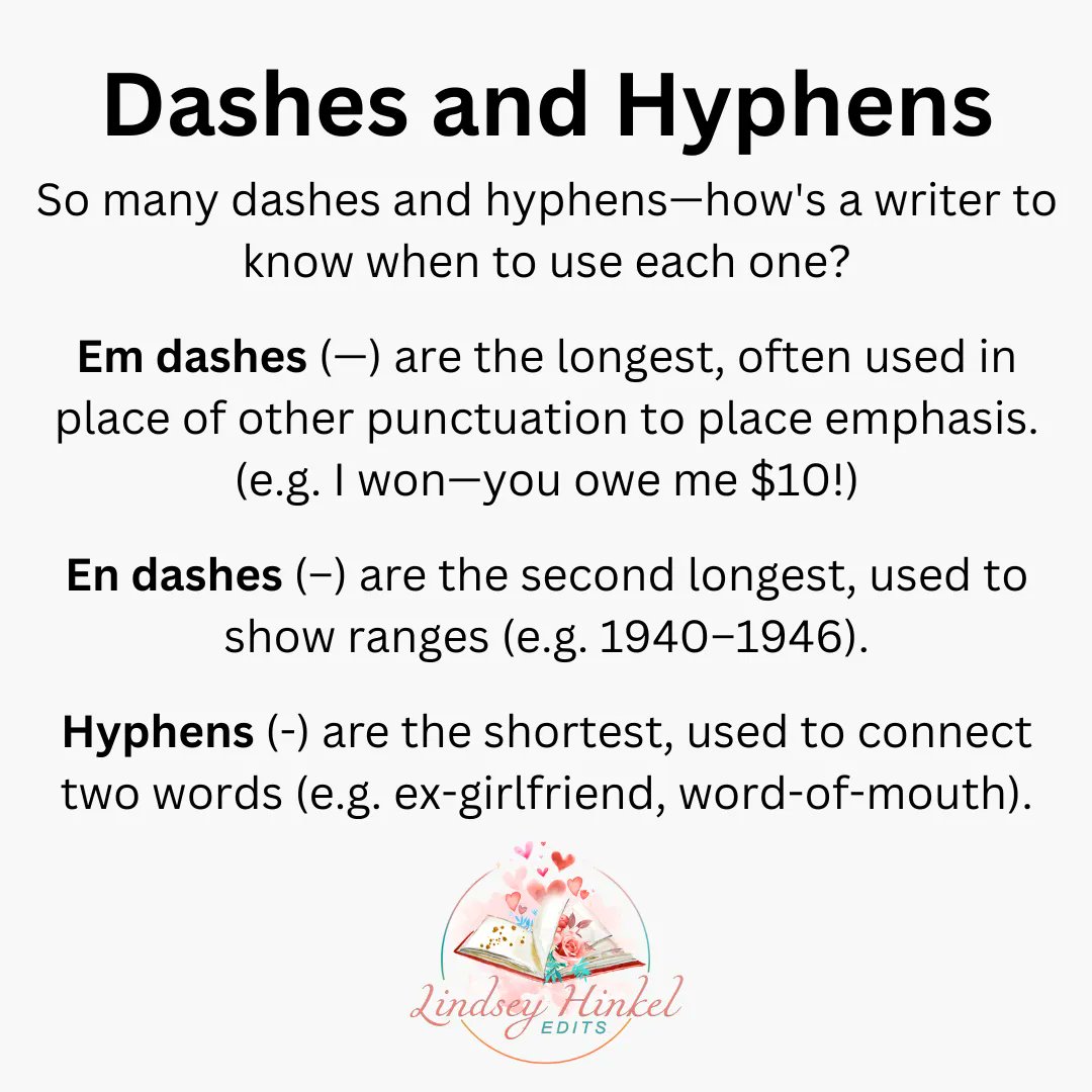 LindseyHEdits's tweet image. Here&apos;s a quick reference on dashes and hyphens for #TipTuesday.

#editortips #writingtips #WritingCommunity